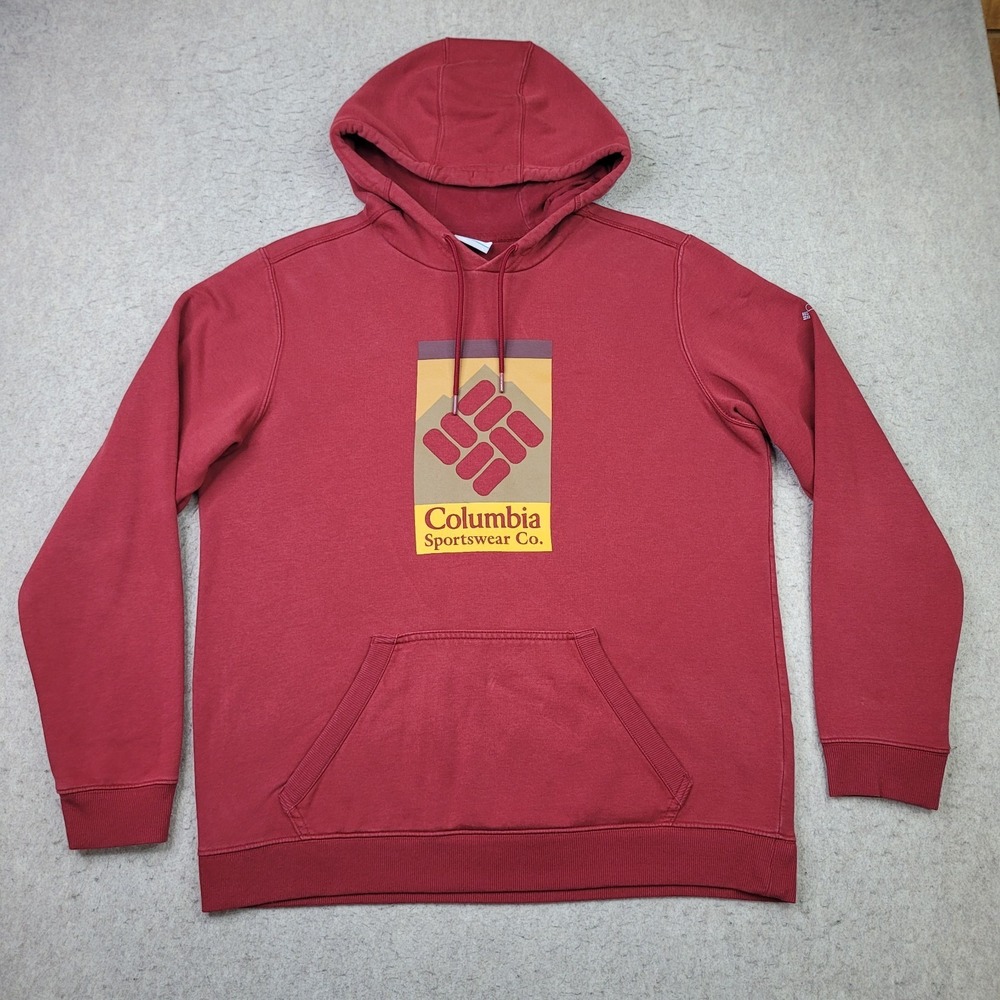 Columbia Hoodie Mens Large Red Pullover Drawstring Hooded Outdoor Graphic Pocket